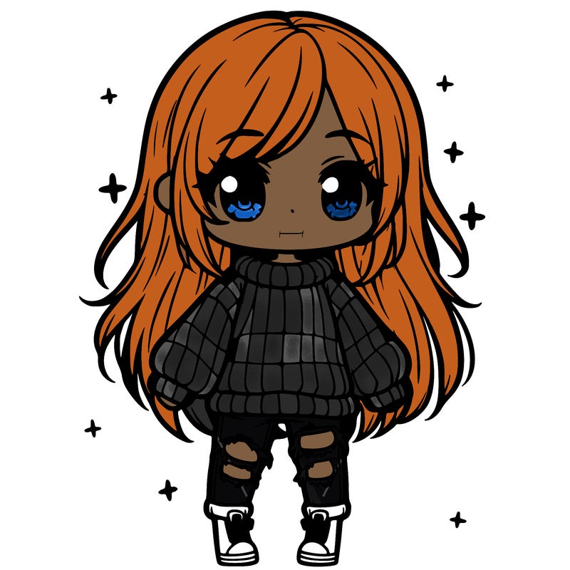 chibi girl with ripped jeans,long hair, and an oversized sweater