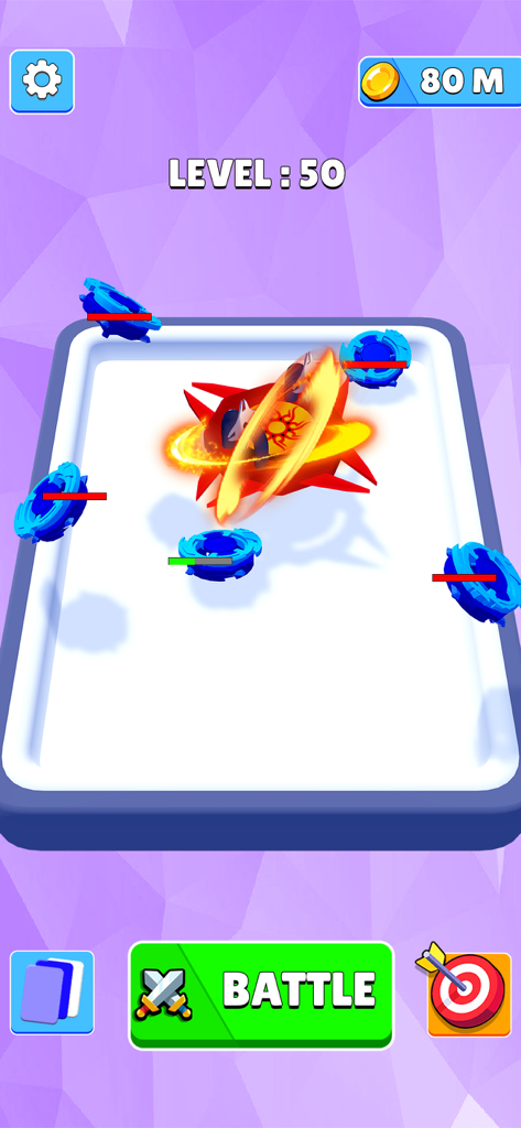 Merge Battle Spinner Simulator - Juego de una arena de batalla de spinners en el nivel 50 con múltiples spinners luchando.