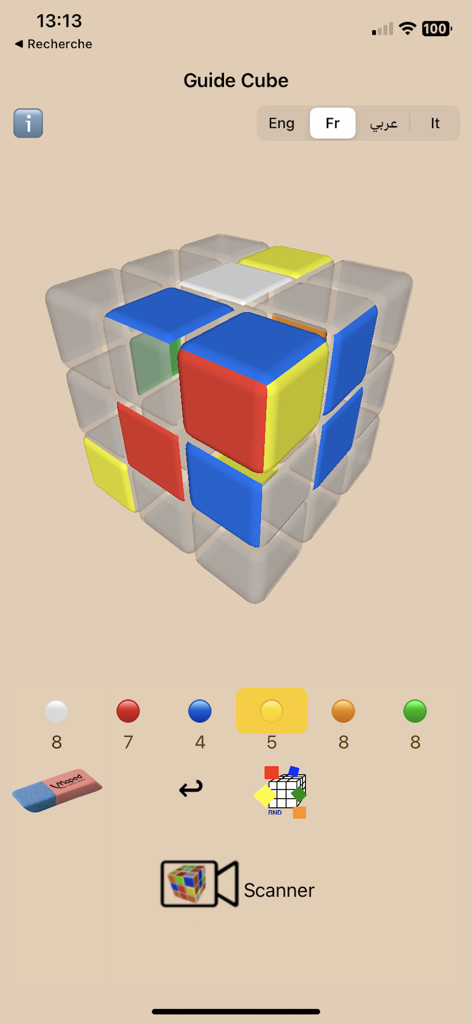 Interface of the Solve and Scramble for Dummies app showing a 3D Rubik's cube model and scanner tool