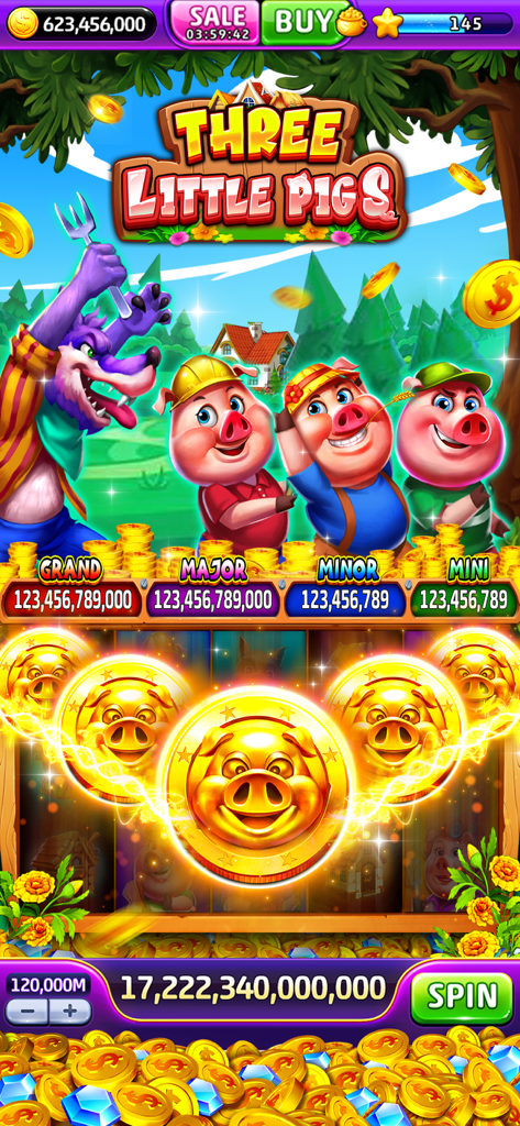 Three Little Pigs themed slot machine in Jackpot World showing a major win and jackpot levels.