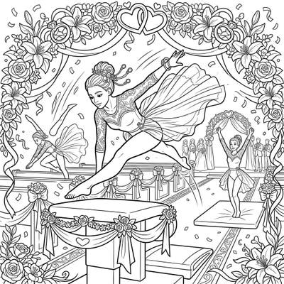 Dive into a spectacular coloring page where the strength and grace of vault gymnasts meet the elegance of a wedding celebration. This unique design features athletes performing their incredible feats amidst a beautifully decorated wedding scene, perfect for artistic expression.