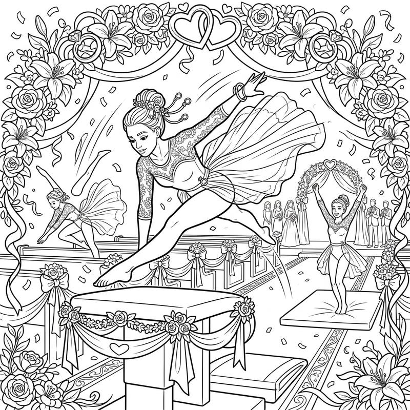 Dive into a spectacular coloring page where the strength and grace of vault gymnasts meet the elegance of a wedding celebration. This unique design features athletes performing their incredible feats amidst a beautifully decorated wedding scene, perfect for artistic expression.