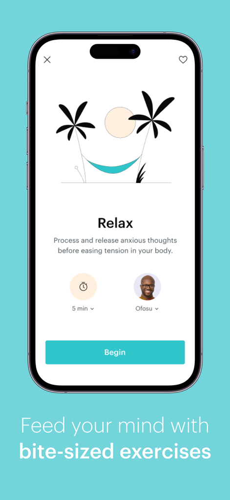 Balance: Meditation & Sleep - Interface of the Balance app showing a 5 minute Relax meditation session with coach Ofosu