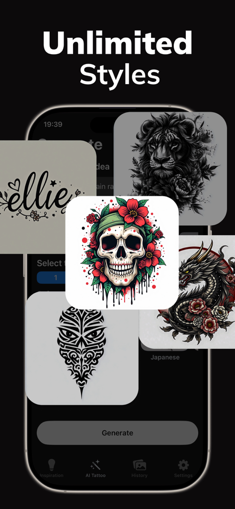 AI Tattoo Design Generator Ink - A mobile app interface displaying a variety of AI-generated tattoo designs including a skull, lion, dragon, and tribal mask.