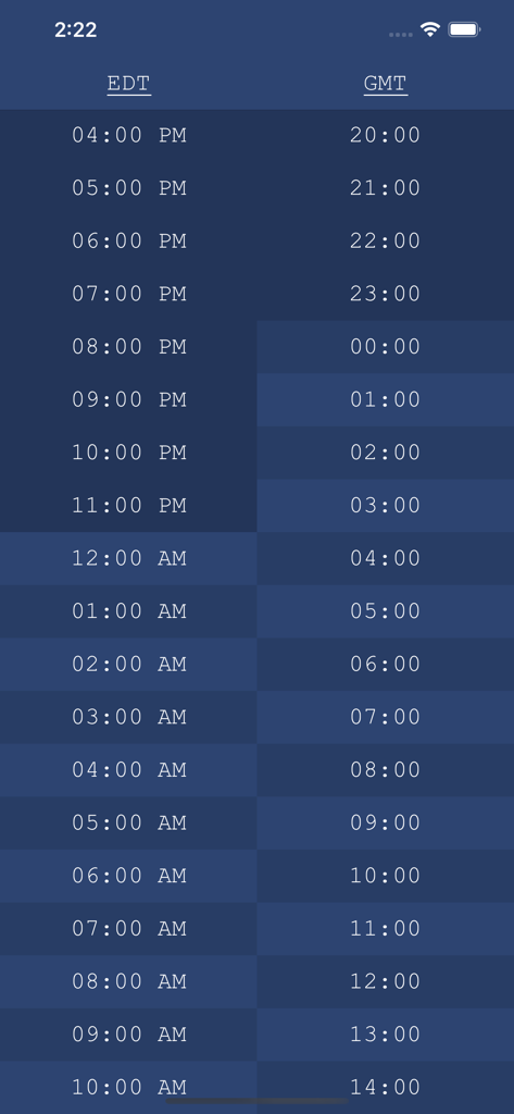 Tabla de comparación lado a lado que muestra las zonas horarias EDT y GMT en un tema azul oscuro.