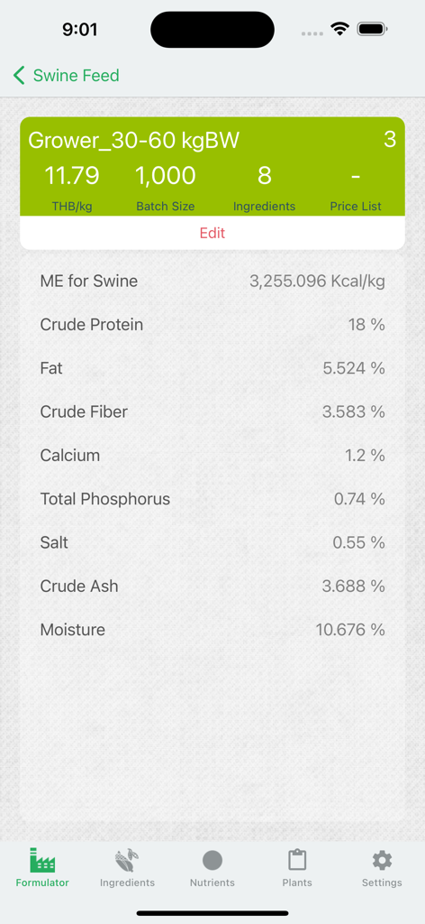 Feed Pro - Swine feed formulation dashboard displaying nutritional values and costs in the Feed Pro app