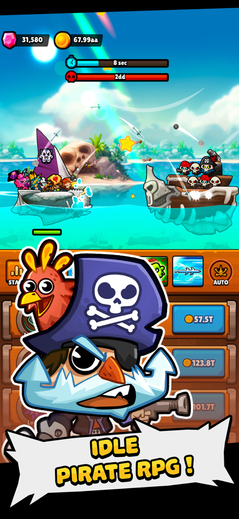 Bounty Bash - Bounty Bash idle pirate RPG sea battle screen showing ships and characters