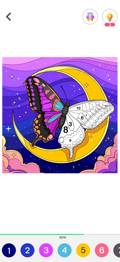紫色の空とカラーパレットを備えた、蝶と三日月形の数による色塗りページ