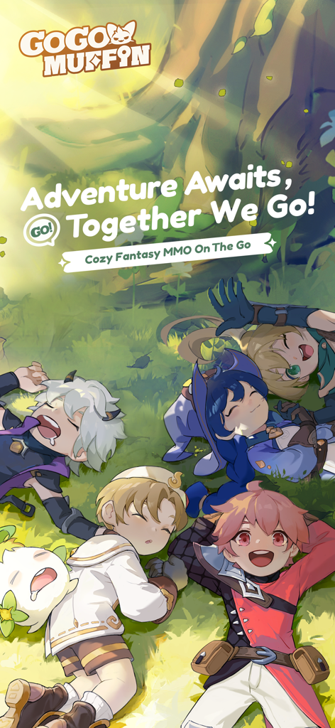 Go Go Muffin - Anime characters and a pet lying on the grass in a sunny forest in Go Go Muffin.