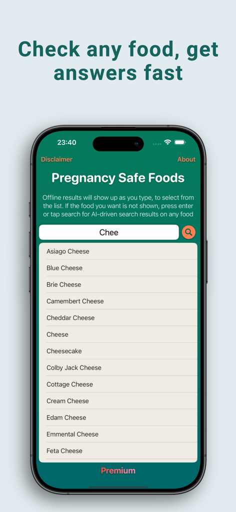 Pregnancy Food Checker & Guide - Search interface of the Pregnancy Food Checker app showing a list of safe and unsafe cheeses