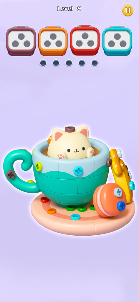 Bolts Off: Screw 3D Master - A 3D unscrewing puzzle level featuring a cute cat in a teacup held together by colorful screws.