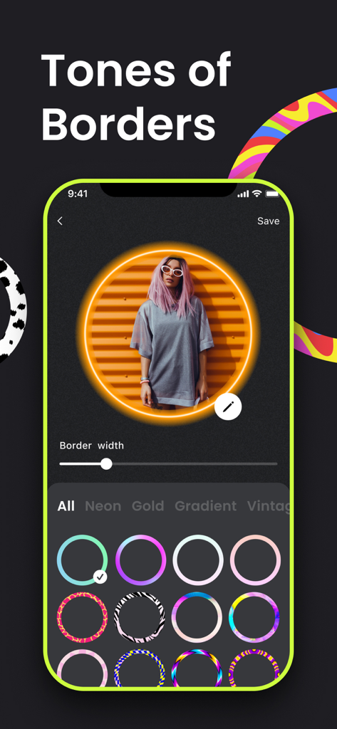 Interface de l'application mobile montrant une photo de profil avec une bordure néon lumineuse et une sélection de styles de bordure