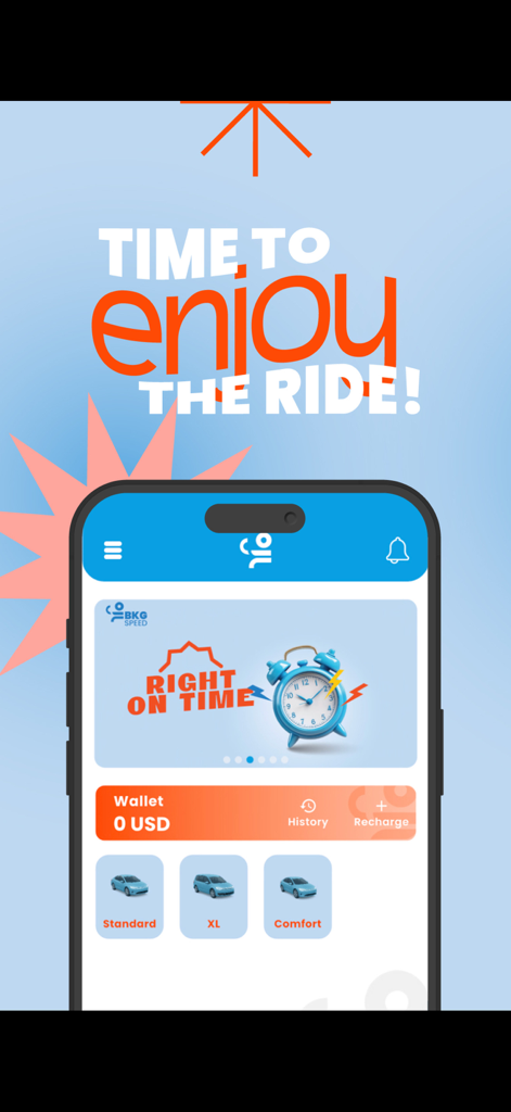 BKG Speed app interface showing ride hailing categories and wallet balance