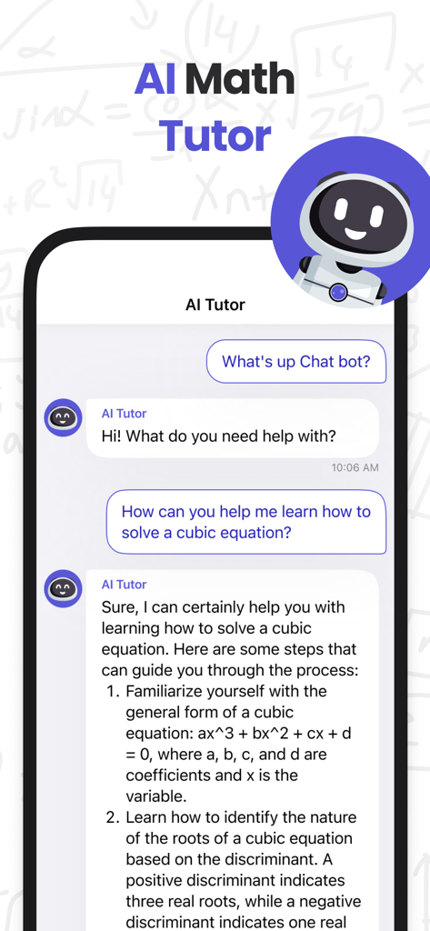 A mobile app screen showing an AI math tutor chatbot providing a step-by-step explanation for solving a cubic equation.