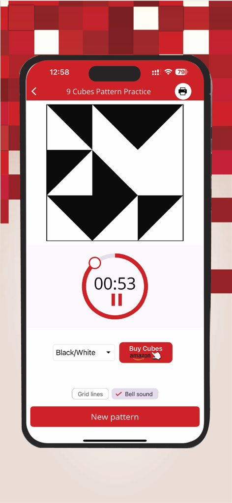 Block Design Test Practice - A black and white 9-cube pattern challenge with a timer in the Block Design Test Practice app