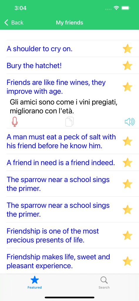 Learn Italian Phrases Premium - List of English and Italian phrases for friendship in the language learning app.