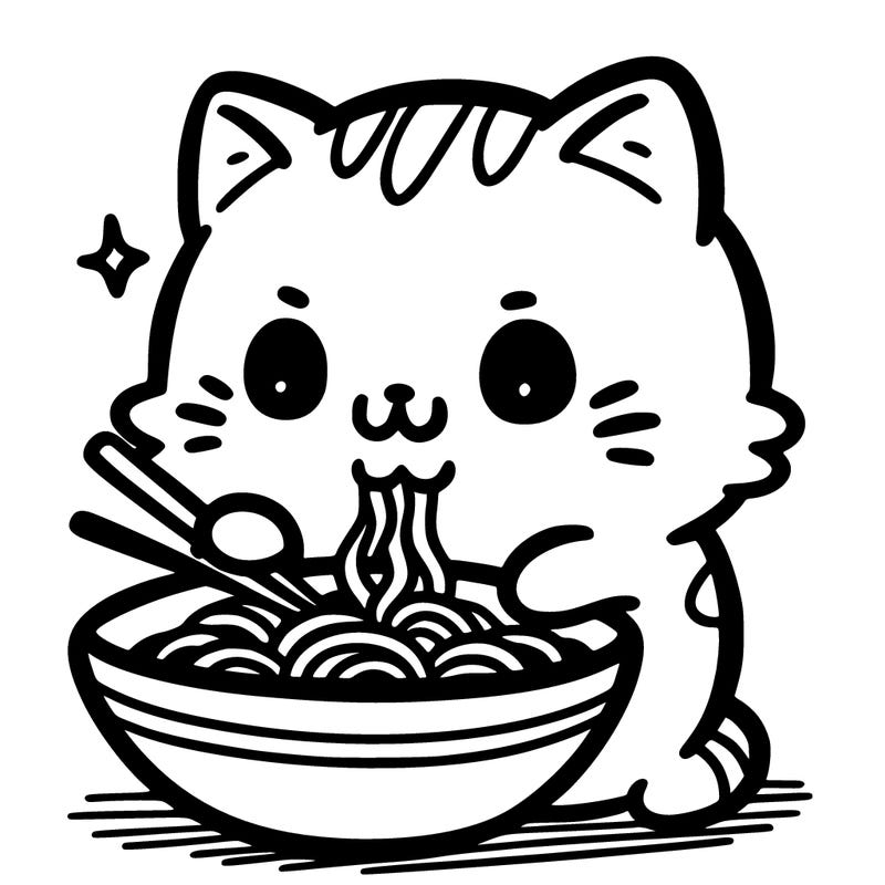 cute cat eating ramen