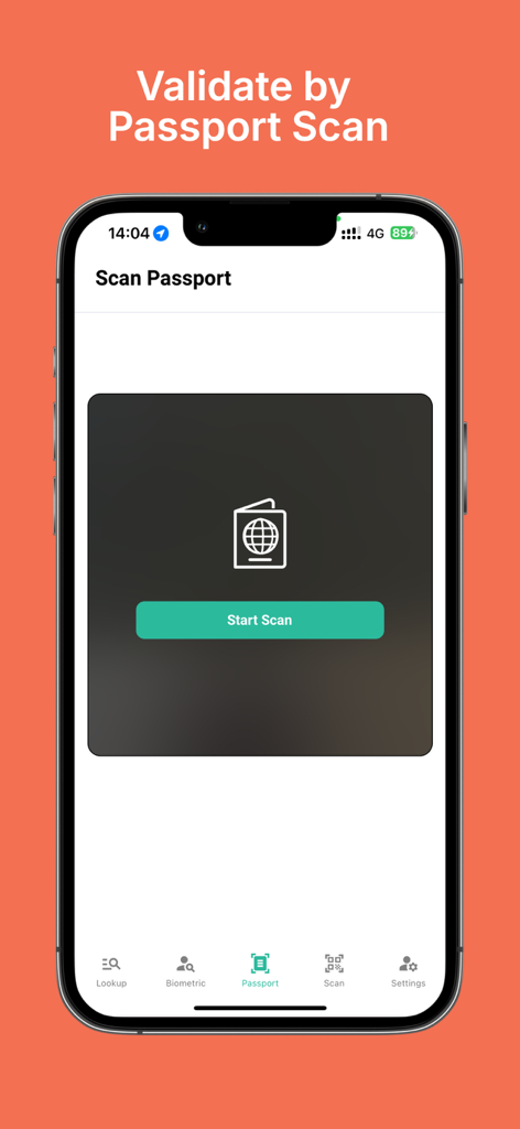 Bildschirm der mobilen App, der die tValidator-Pass-Scan-Oberfläche mit einer Start-Scan-Schaltfläche zeigt