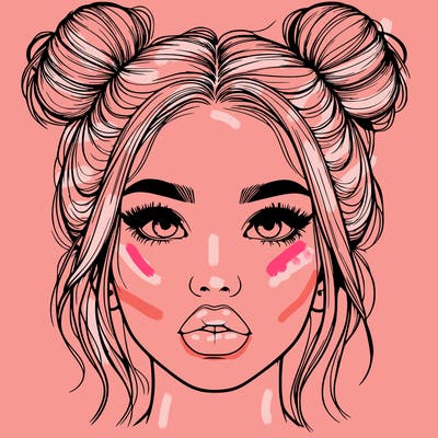 realistic girl with two buns on her hair and lips
