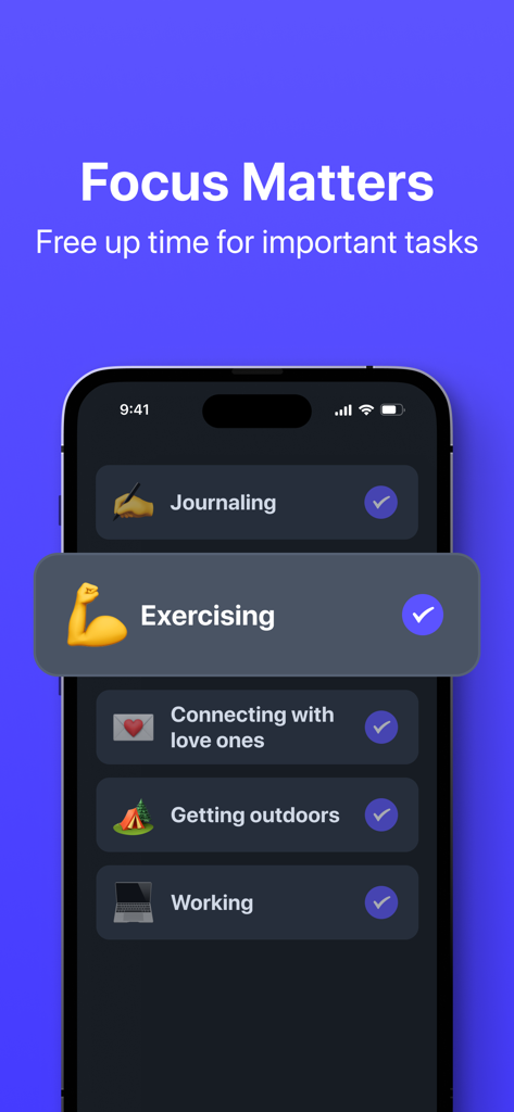 ANKO app interface showing a checklist of productive activities like exercising and journaling to improve focus.