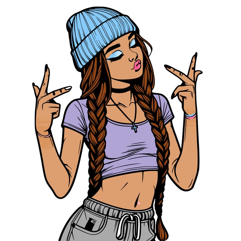 realistic teenage girl with braids and a beanie and crop top doing 🫶🏼