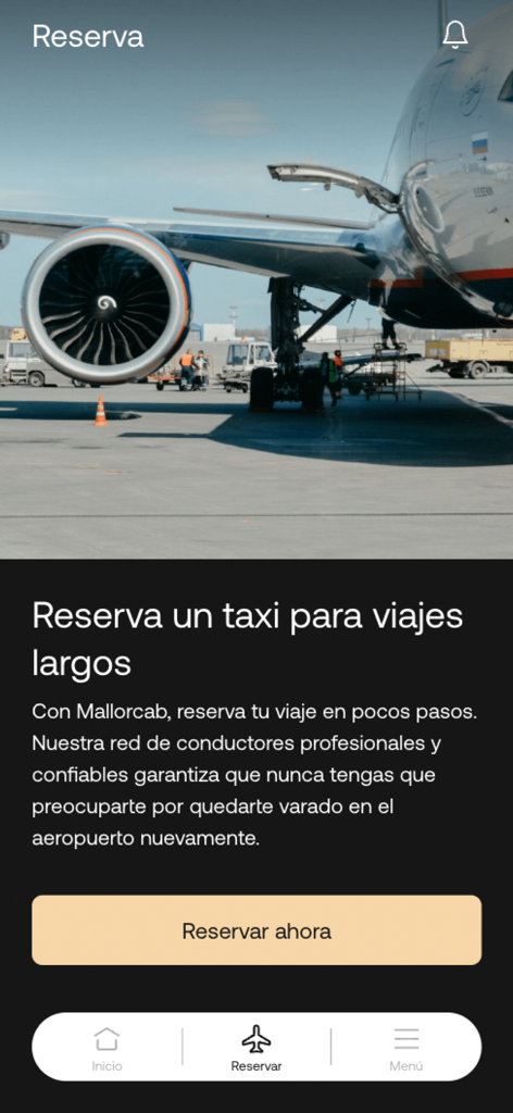 Interfaz de la aplicación Mallorcab para reservar viajes largos en taxi y traslados al aeropuerto, mostrando un avión en la terminal.