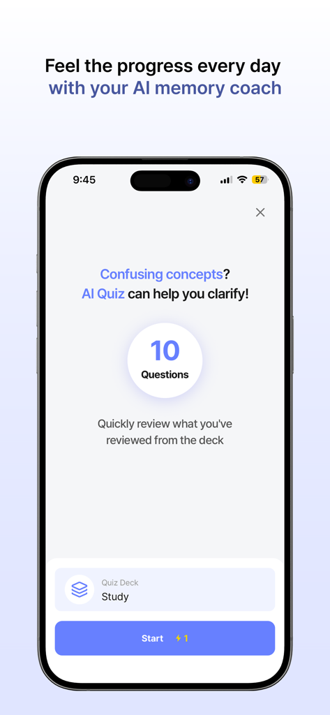 Flica - AI Flashcards - Interface de l'application mobile Flica montrant un écran de quiz IA pour tester les connaissances sur des concepts d'étude.