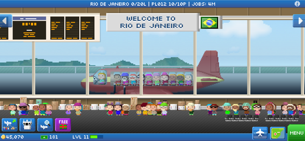 Pocket Planes: Airline Tycoon - A pixel art airport terminal in Rio de Janeiro with a parked plane and passengers waiting