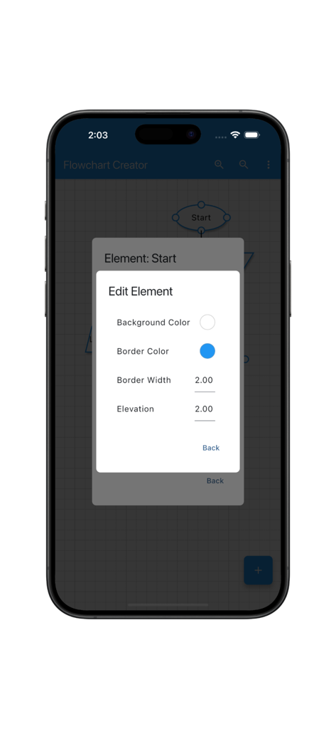 Flowchart Creator(Pro) - Interface of Flowchart Creator Pro showing options to edit shape colors and border properties.