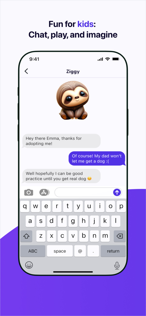 A mobile interface of the Kinder Messenger app showing a child chatting with a cute virtual sloth pet named Ziggy.