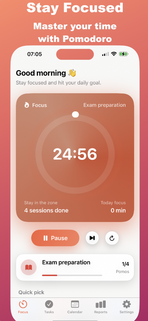 Pomodoro Focus Timer & Clock - 試験準備セッションのカウントダウンを表示するPomodoroフォーカスタイマーアプリのインターフェース。