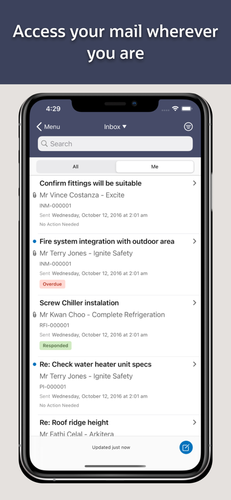 Oracle Aconex - Oracle Aconex mobile app inbox showing construction project mail communications