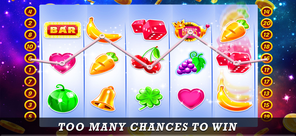 777 Slot Machine Casino Games - 다채로운 심볼과 지그재그 당첨 라인이 있는 은하 테마 슬롯머신 화면.