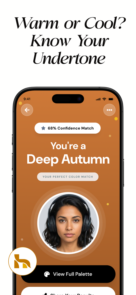 HueCheck: Color Analysis AI - A mobile app screen showing a woman identified as a Deep Autumn seasonal color type by HueCheck AI.