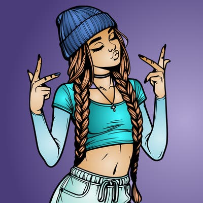 realistic teenage girl with braids and a beanie and crop top doing 🫶🏼