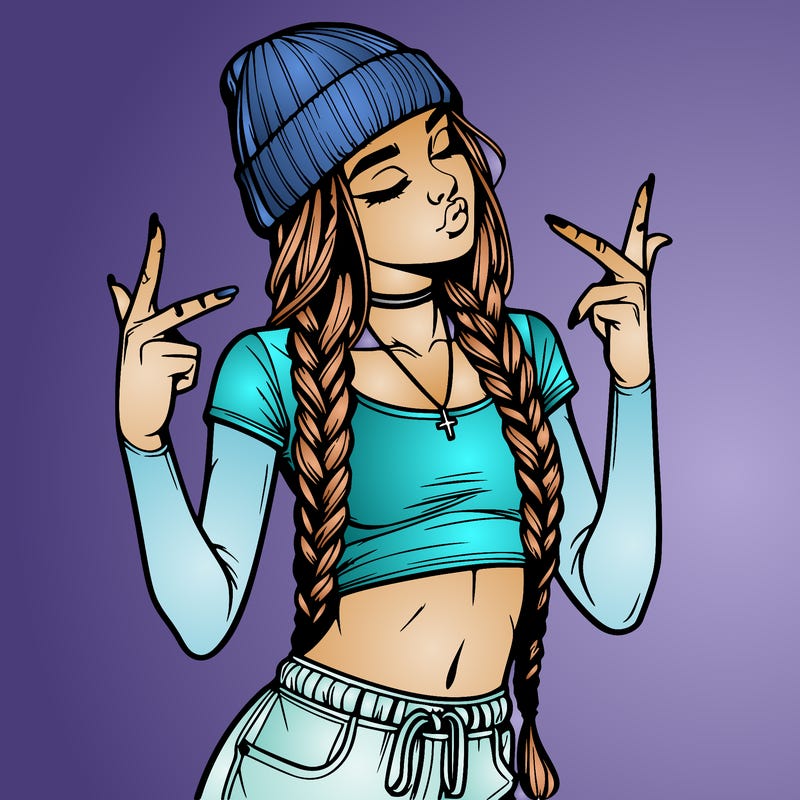realistic teenage girl with braids and a beanie and crop top doing 🫶🏼