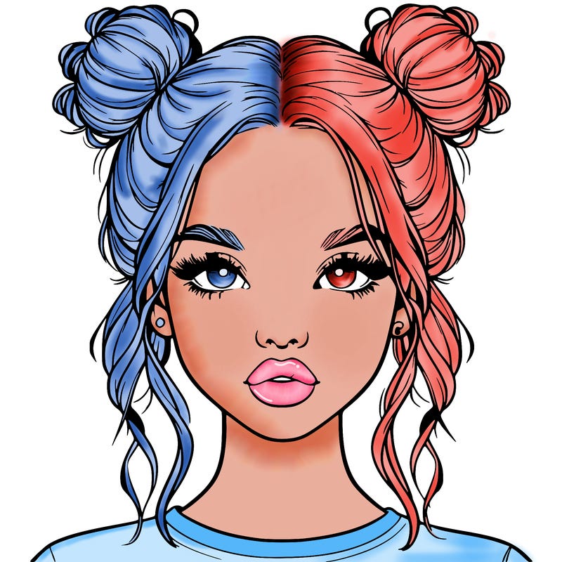 realistic girl with two buns in hair and lips
