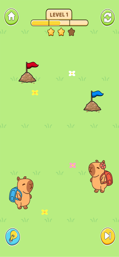 Gameplay screenshot of Capy Rush Race Draw Puzzle showing two cute capybaras and goal flags on a grassy field.