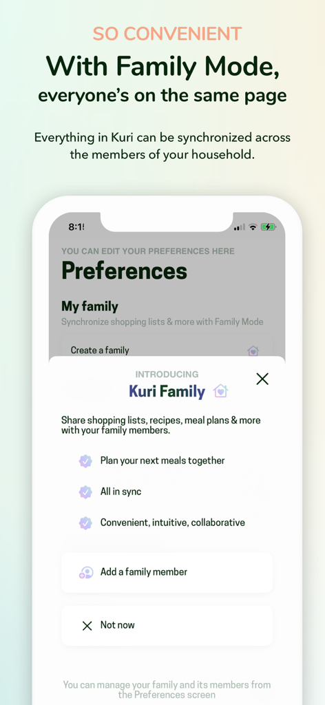 Recipe Keeper & Planner - Kuri - Capture d'écran du mode Famille de l'application Kuri pour synchroniser les listes de courses et les plans de repas sur tous les appareils.