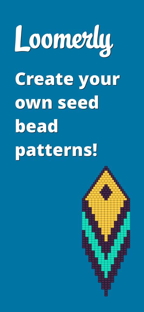 Loomerly: Loom, peyote & brick - Intro screen for Loomerly app showing a colorful beaded feather pattern and text about creating seed bead designs