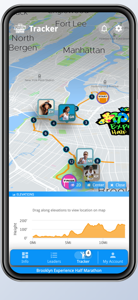 Brooklyn Experience Half - Interactive marathon course map with live runner tracking and elevation profile