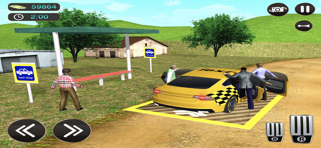 A yellow taxi car picking up passengers at a rural taxi stop in a driving simulation game