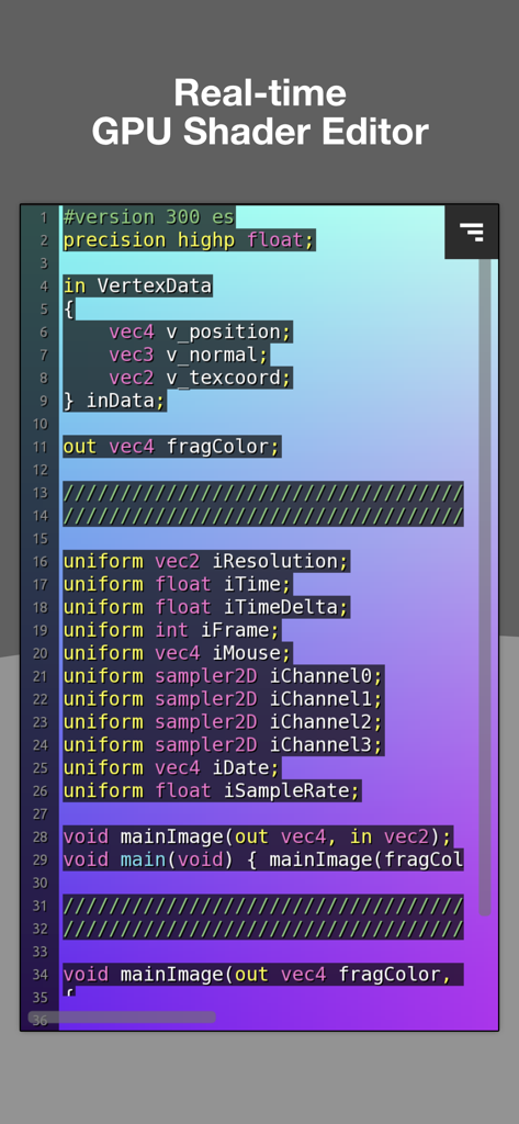 KodeLife - Interface of the KodeLife real-time GPU shader editor with GLSL code snippet