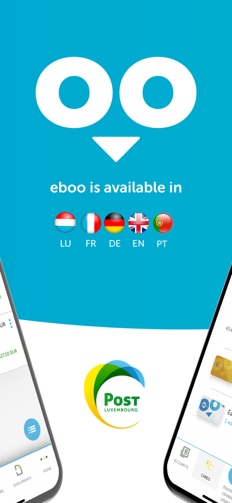 eboo - Interface do aplicativo eboo eBanking mostrando a seleção de idiomas para Luxemburguês Francês Alemão Inglês e Português