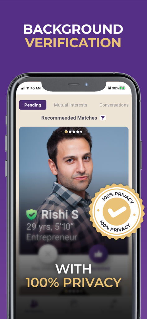 VIPShaadi app interface showing a verified user profile with a 100 percent privacy badge