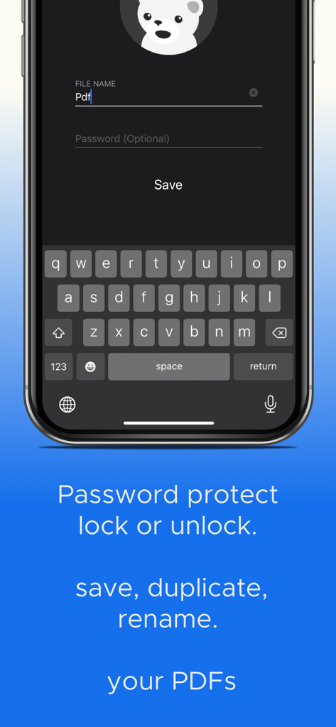 PDF Merge + Scan & Split Pages - Mobile app interface showing options to rename and password protect PDF documents