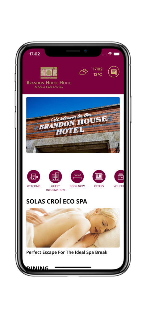 Brandon House Hotel - ブランドン ハウス ホテルモバイルアプリのホーム画面、ホテル情報とエコスパを表示