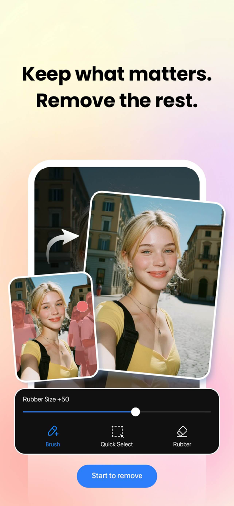 A before and after demonstration showing the removal of unwanted people from a background using Fotor magic eraser