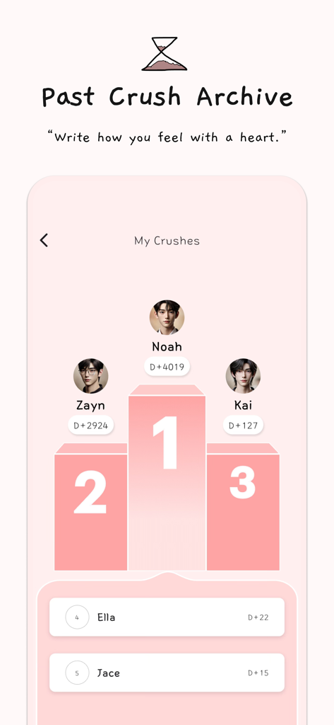 404Log - Crush Diary - 이름과 기간 메트릭이 있는 과거 짝사랑 순위를 보여주는 분홍색 테마의 리더보드 화면.