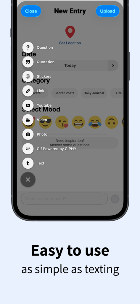 BlogIt - diary, journal, blog - Interface for creating a new entry in the BlogIt app showing mood selection and content type options